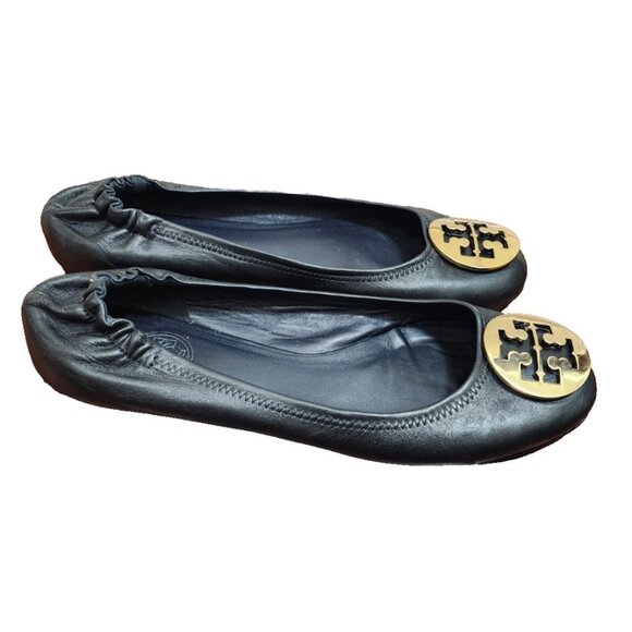 Tory Burch Minnie Travel Ballet Flats Black Leather Gold Logo Women’s Size 8 - Picture 4 of 11